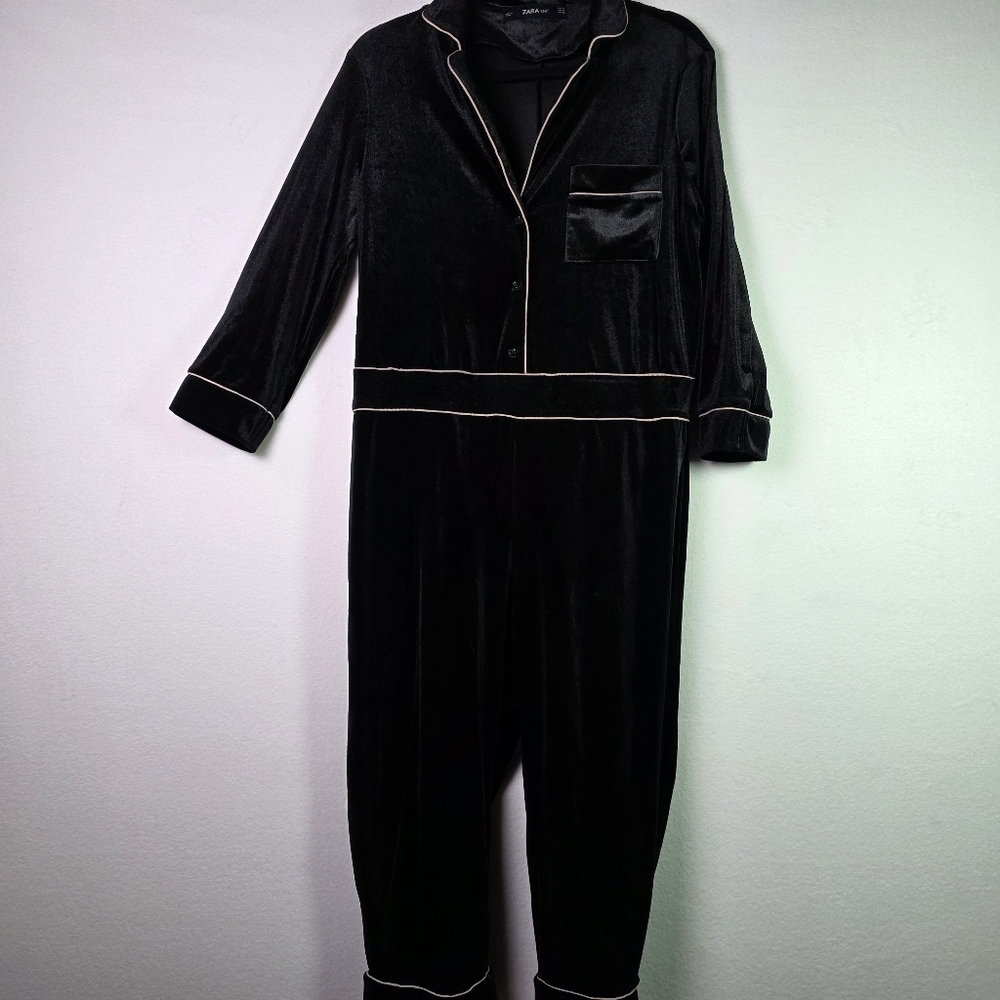 Zara Knit Black Velvet Jumpsuit Pajama Style One Piece – Women’s Size M
